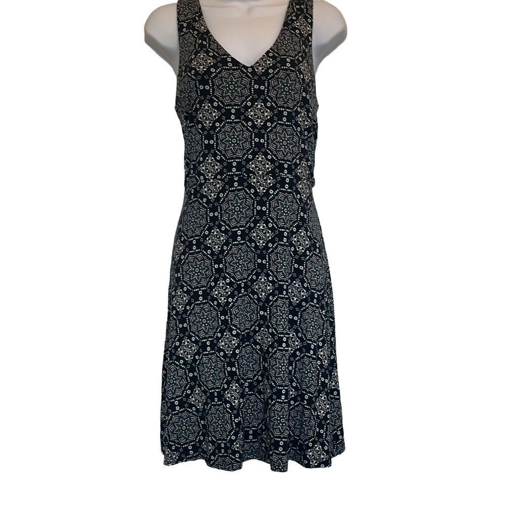 LOFT Blue Pink Geometric Print VNeck Sleeveless Flowy Skater Dress Office Preppy